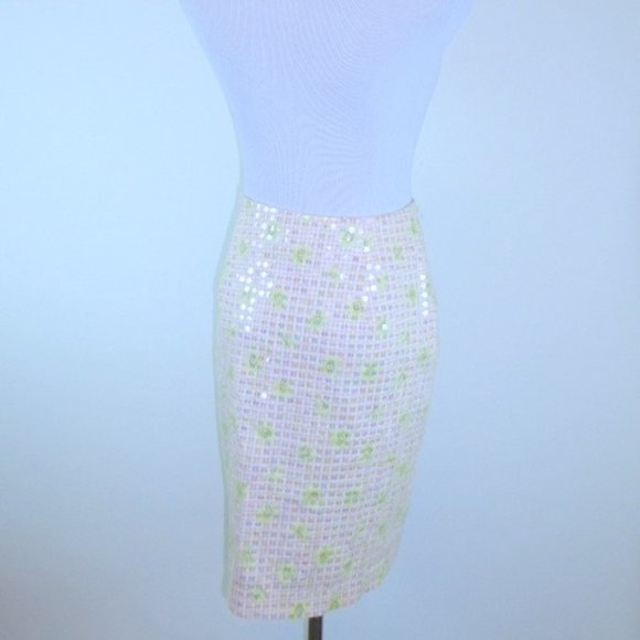 JUDY HORNBY nude pink sequin midi pencil party skirt 8